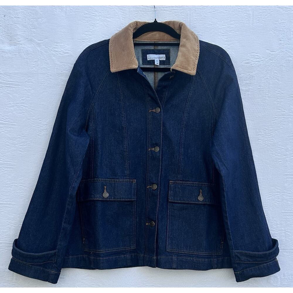 LOFT Denim Barn Jacket Corduroy Collar Button Front Women’s Med Dark Wash Career